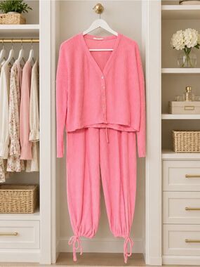 Talulah Pink Waffle-Knit Athleisure Set (Jacket and Pants)